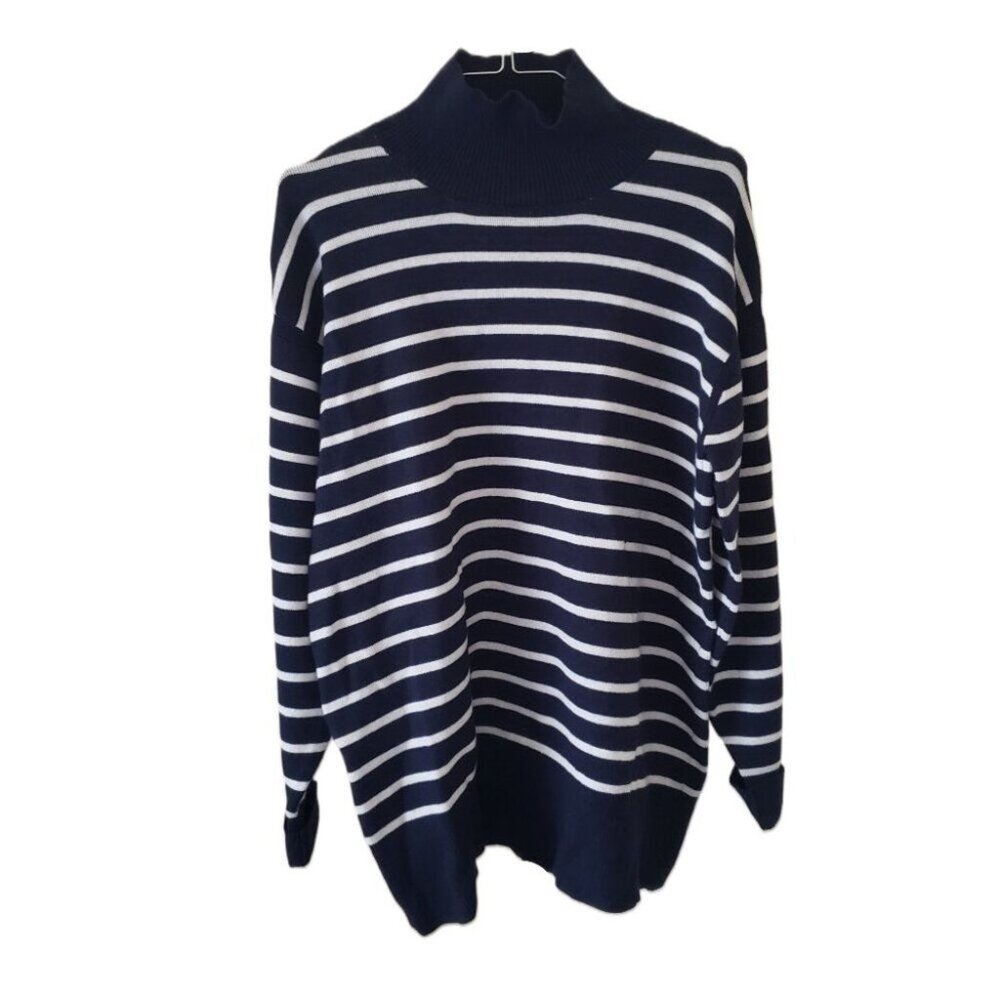 Free Assembly Navy Blue & White Striped Mock Neck Long Sleeve Sweater